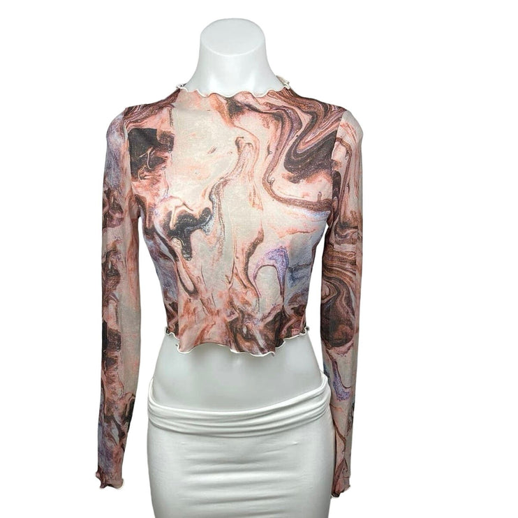 Shein Pink Brown Marble Swirl Tie Dye Long Sleeve Sheer Crop Top Blouse Size S