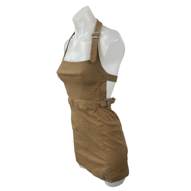 Zara Women's Tan Buckle Strap Halter Sleeveless Square Neck Mini Bodycon Dress S