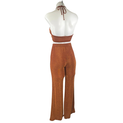 Beginning Boutique Stassie Brown Metallic Glitter Halter Top Flare Pants Set 8