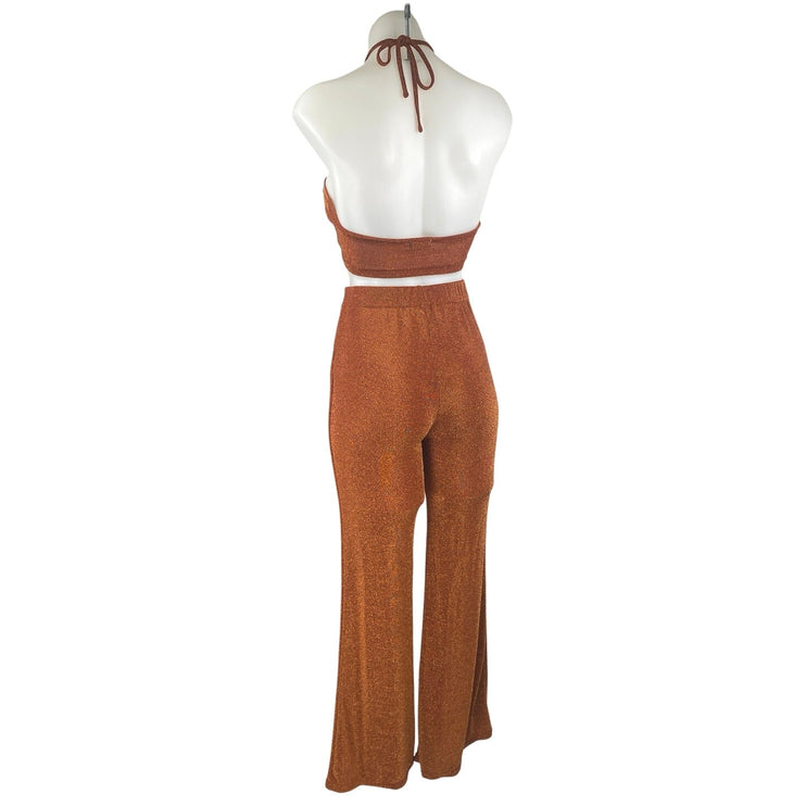 Beginning Boutique Stassie Brown Metallic Glitter Halter Top Flare Pants Set 8