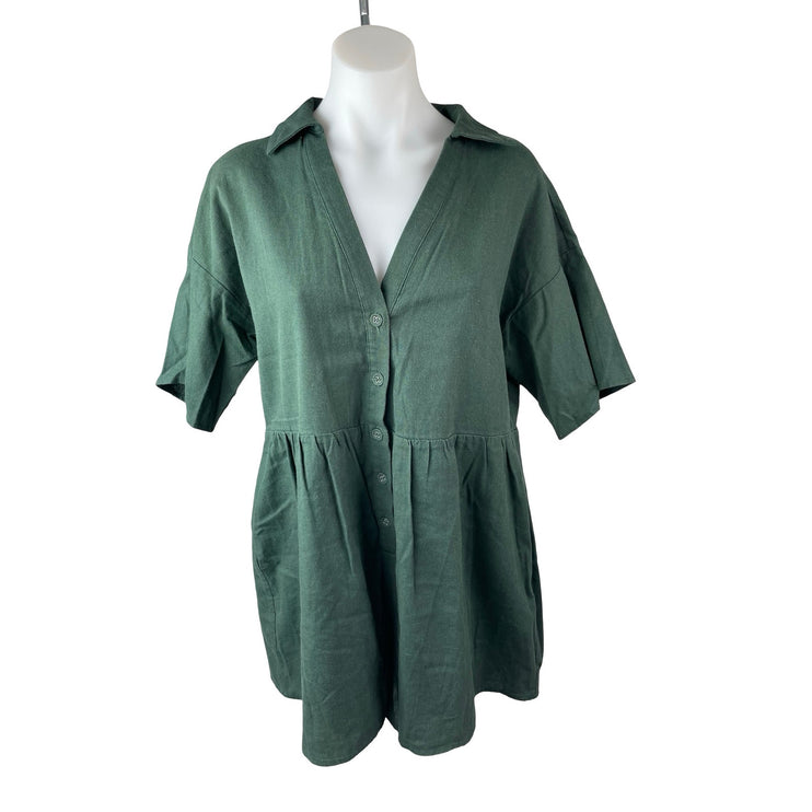 Vestique Women's Green Short Sleeve V Neck Button Up Shirt Romper Shorts M