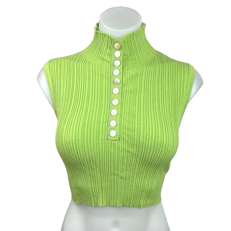 Cider Green Sleeveless Mock Neck Button Front Ribbed Knit Stretch Crop Top Sz M