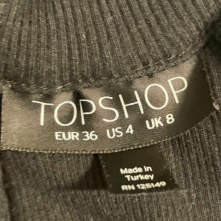 Topshop Women's Black Ribbed Knit Mock Neck Long Bell Sleeve Crop Top Size S
