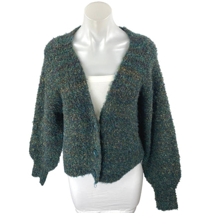 Molly Bracken Green Striped Fuzzy Fleece Button Down Cardigan Sweater Top Sz XS