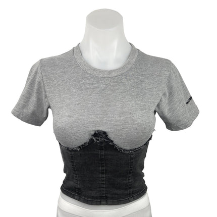 Maniere De Voir Gray Black Denim Underbust Short Sleeve Crew Neck Crop T-Shirt 8