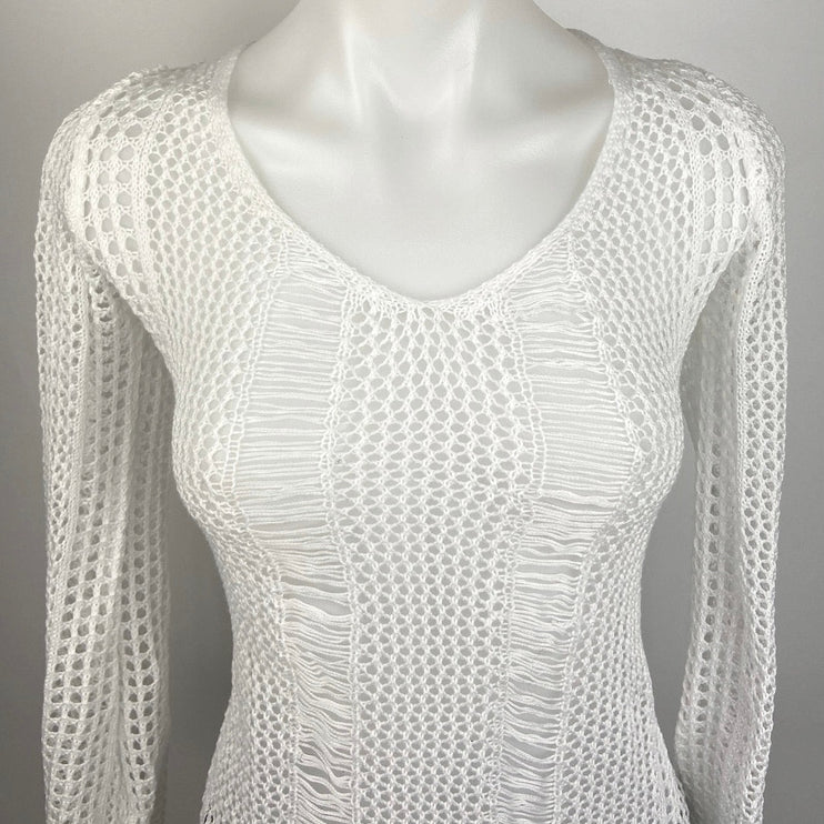 White Crochet Tie Open Back Summer V Neck Long Sleeve Beach Cover Up Top Size M