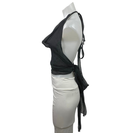 NEW Dana Foley NYC Black 100% Silk Halter Cowl Neck Open Back Tie Crop Top Sz S