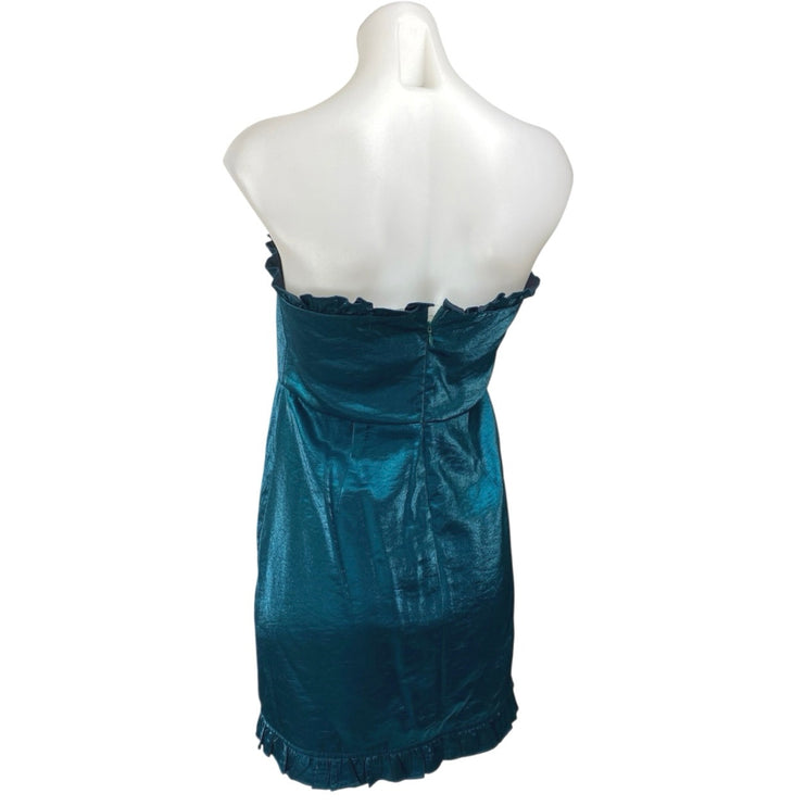 About Us Blue Silk Satin Sleeveless Strapless Ruffle Tube Bandeau Mini Dress M