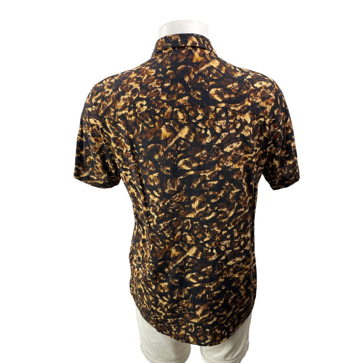 Topman Men's Brown Black Short Sleeves Animal Print Button Down Shirt Top Size L