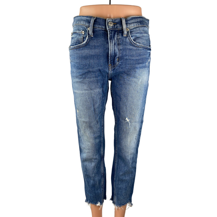 Zara Women's Blue Distressed High Rise Raw Hem Straight Leg Denim Jeans Size 4