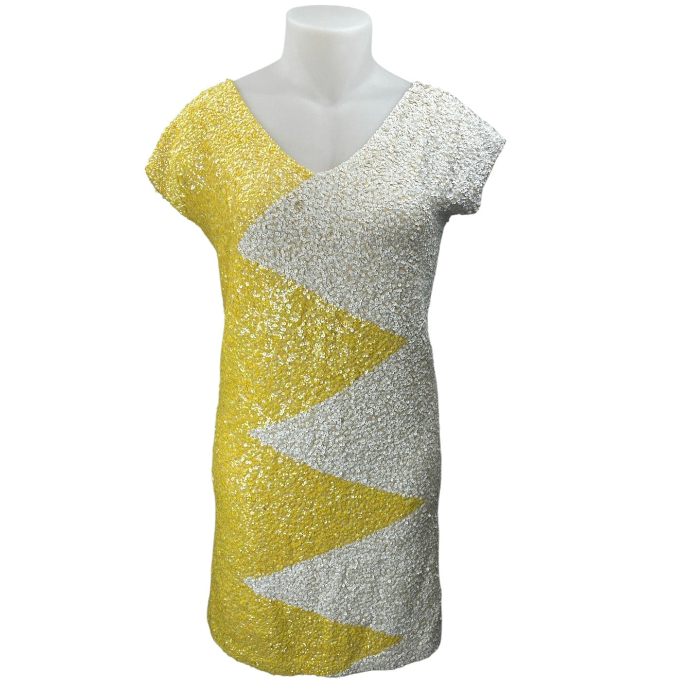Gene Shelly Vintage Yellow White Zig Zag Colorblock Sequin Short Sleev Brie Gene Shelly Vintage Yellow White Zig Zag Colorblock Sequin Short Sleev Brie