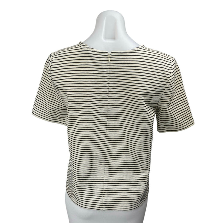Ann Taylor Loft White Black Striped Short Sleeve Zipper Blouse Shirt Top Size XS