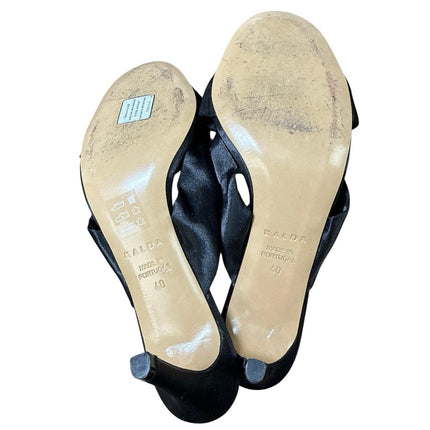 Kalda Black Satin Buckles Cross Straps Rhinestone Heeled Mules Sandals Sz 8.5-9