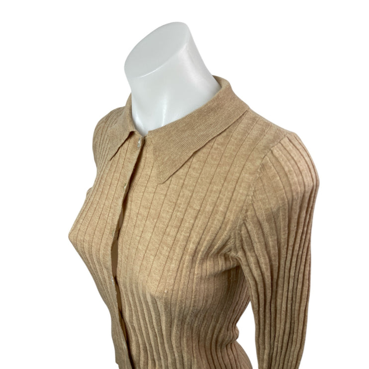 Zara Tan Rib Knit Wool Long Sleeve Collared Button Down Cardigan Sweater Top S