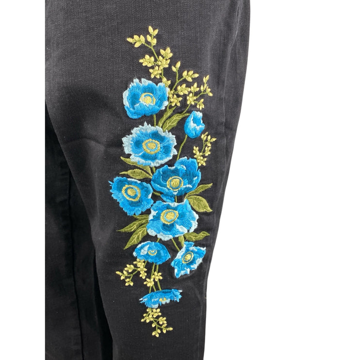 Martha Stewart Black High Rise Floral Embroidered Straight Denim Jeans Pants 14