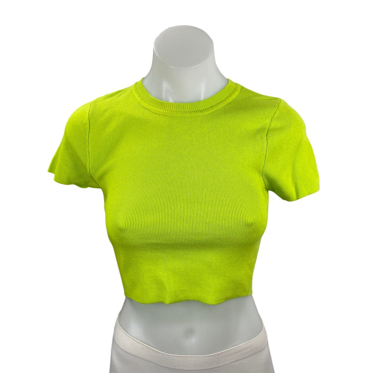Zara Womens Neon Green Short Sleeve Ribbed Knit Crewneck T Shirt Crop Top Size S