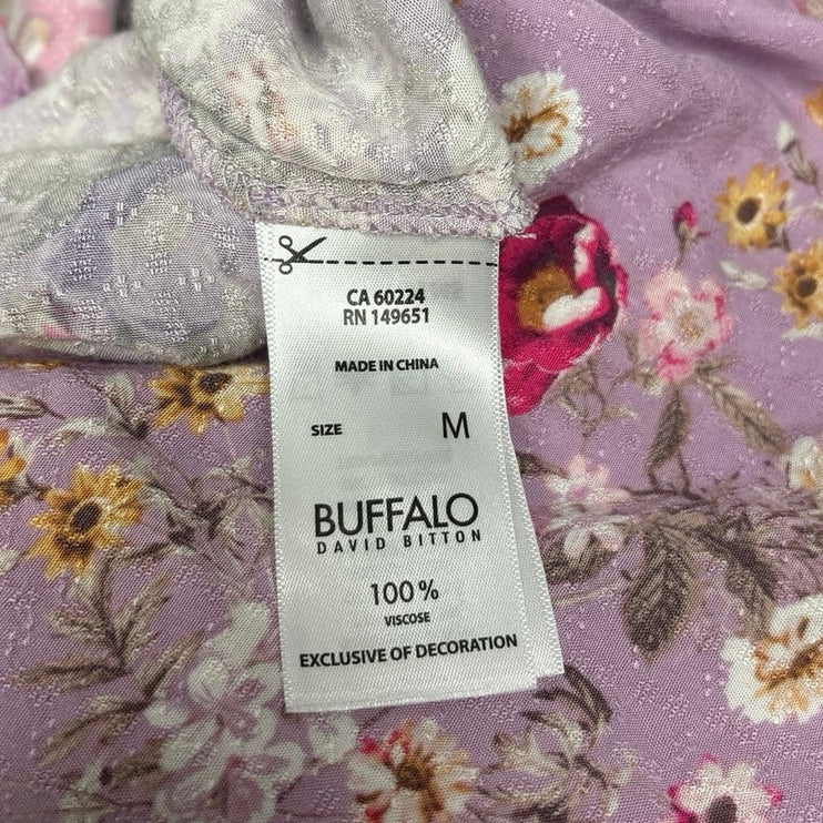 Buffalo David Bitton Purple Split V-Neck Flutter Sleeve Floral Blouse Top Size M