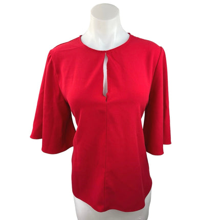 Zara Red Front Keyhole Bell Sleeve Tie Waist Career Business Blouse Top Size L