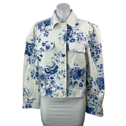 NEW Anthropologie Maeve White Blue Floral Long Sleeve Denim Jean Jacket Size M