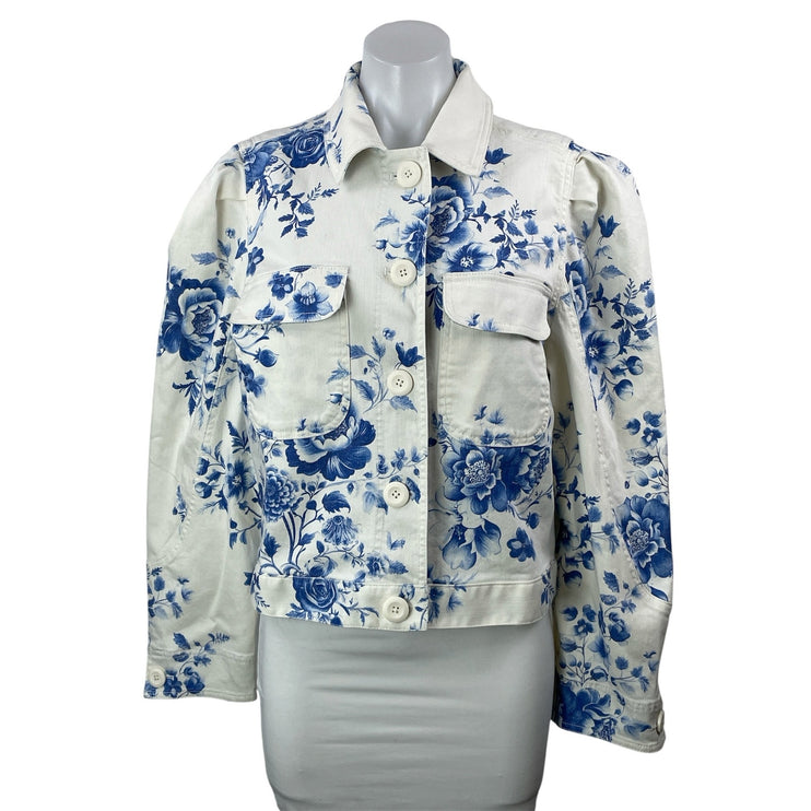 NEW Anthropologie Maeve White Blue Floral Long Sleeve Denim Jean Jacket Size M