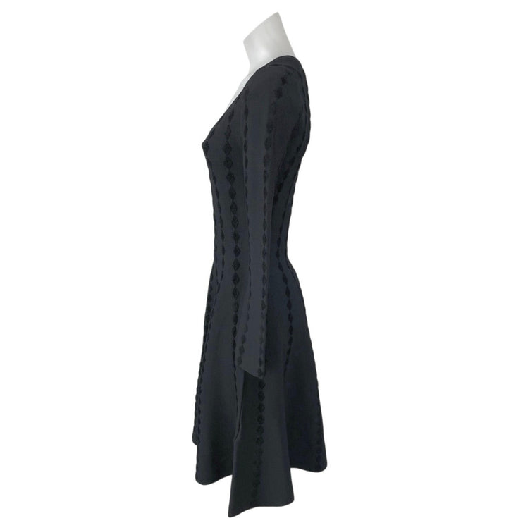 Maje Riziere Black Long Sleeve Diamond Embroidered Fit & Flare Skater Mini Dress