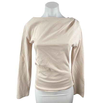 NEW Zara Women Beige Nude Long Sleeve Boat Neck Drape Soft Blouse Top Size S