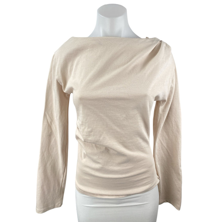 NEW Zara Women Beige Nude Long Sleeve Boat Neck Drape Soft Blouse Top Size S