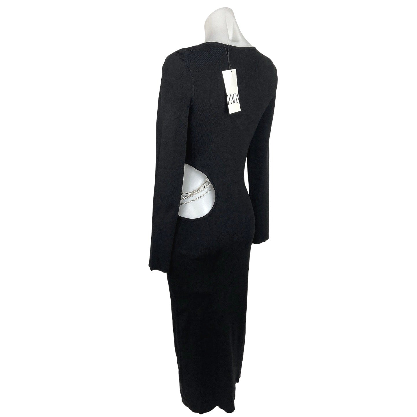 Zara NWT Black Cutout Waist Gold Chain Jewelry Long Sleeve Midi Sheath Brie Zara NWT Black Cutout Waist Gold Chain Jewelry Long Sleeve Midi Sheath Brie