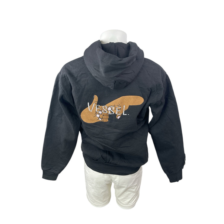 Vessel Unisex Black Embroidered Patchwork Long Sleeve Hoodie Sweatshirt Top Sz M