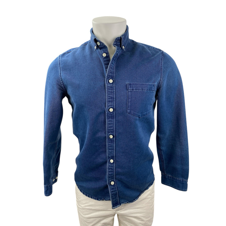 H&M Mens Blue Regular Fit Long Sleeve Chambray Denim Jean Button Up Shirt Size S