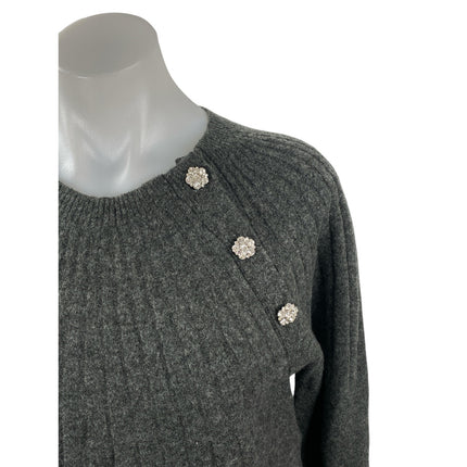 Loft Gray Wool Crew Neck Long Sleeve Button Shoulder Sweatshirt Sweater Top Sz S