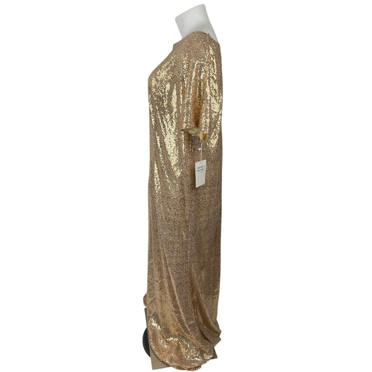 NEW Honey Qiao Sparkly Modest Gold Sequin Short Sleeve Sheath Shift Dress Sz XL