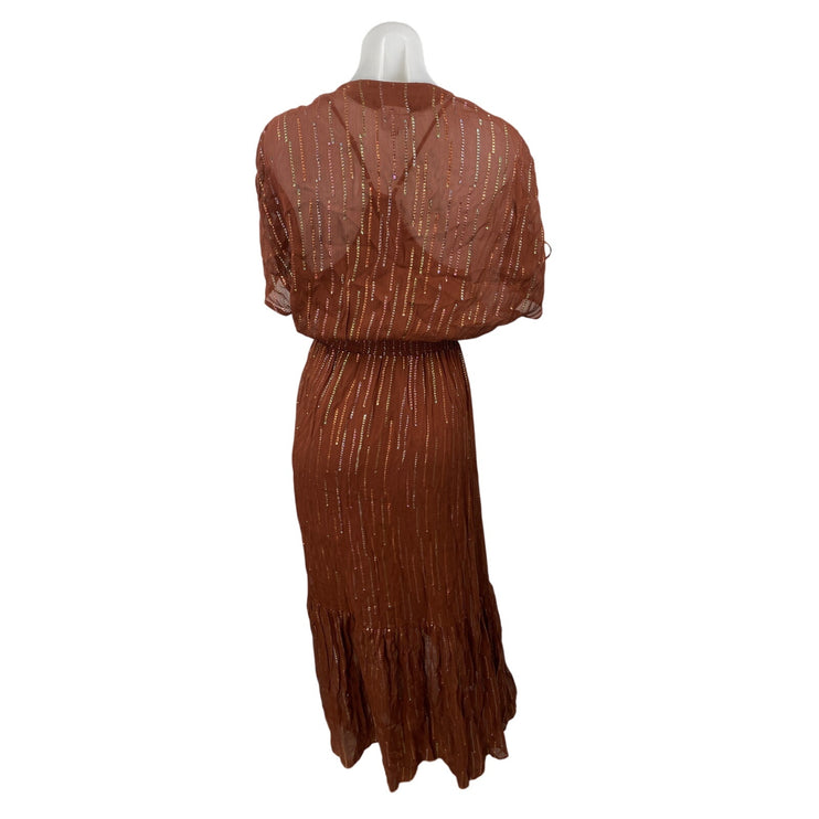 Dante6 Freya Brown Half Sleeve V Neck Lurex Stiped Button A Line Maxi Dress Sz 1