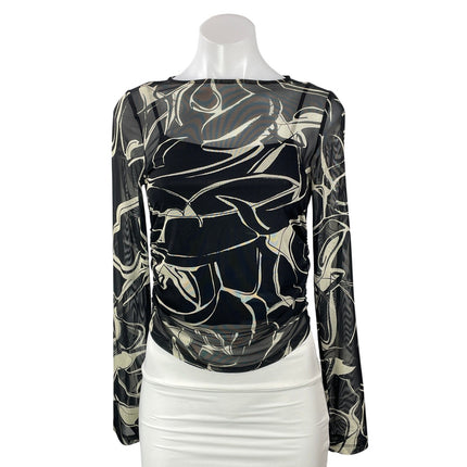& Other Stories Women's Black Marble Mesh Long Sleeve Ruched Crop Top Size S