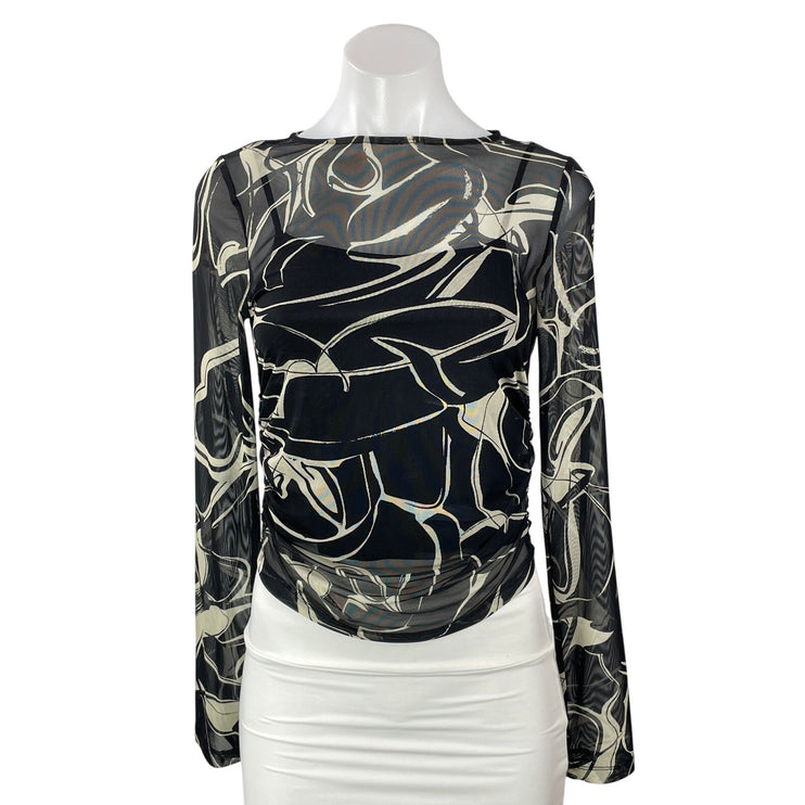 & Other Stories Women's Black Marble Mesh Long Sleeve Ruched Crop Top Size S