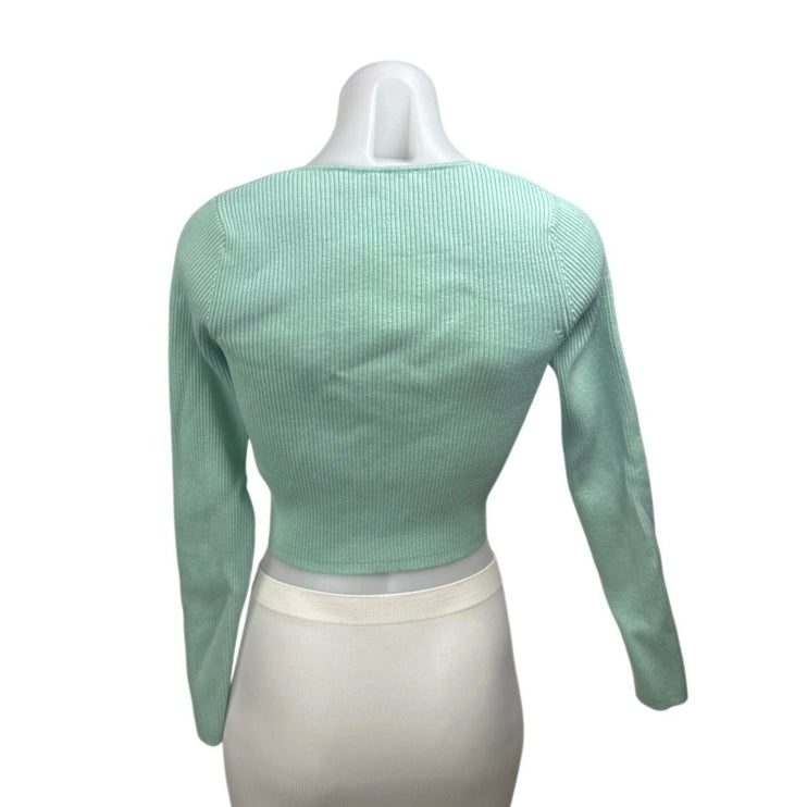 Zara Women's Green Rib Knit Square Neck Long Sleeve Button Crop Sweater Top Sz M