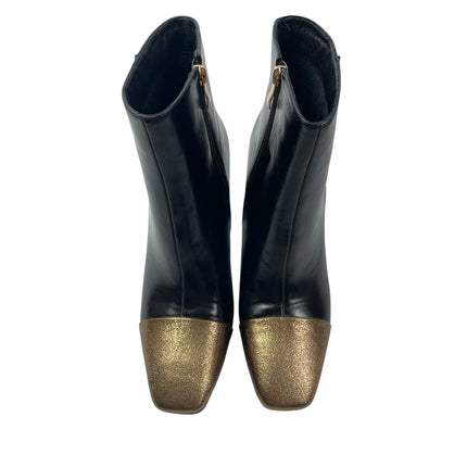 Ninety Union Black Leather Gold Shimmer Square Toe Block Heel Ankle Boots Sz 10