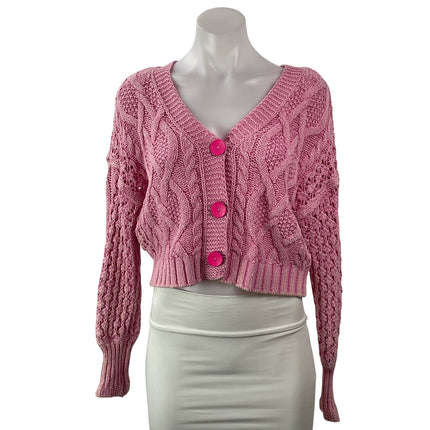 Anthropologie Pilcro Pink Cable Knit V Neck Cropped Button Cardigan Sweater XSP