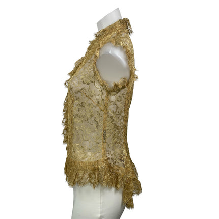 Ralph Lauren Women's Gold Floral Lace Sheer Mesh Ruffle Blazer Blouse Top Size 6