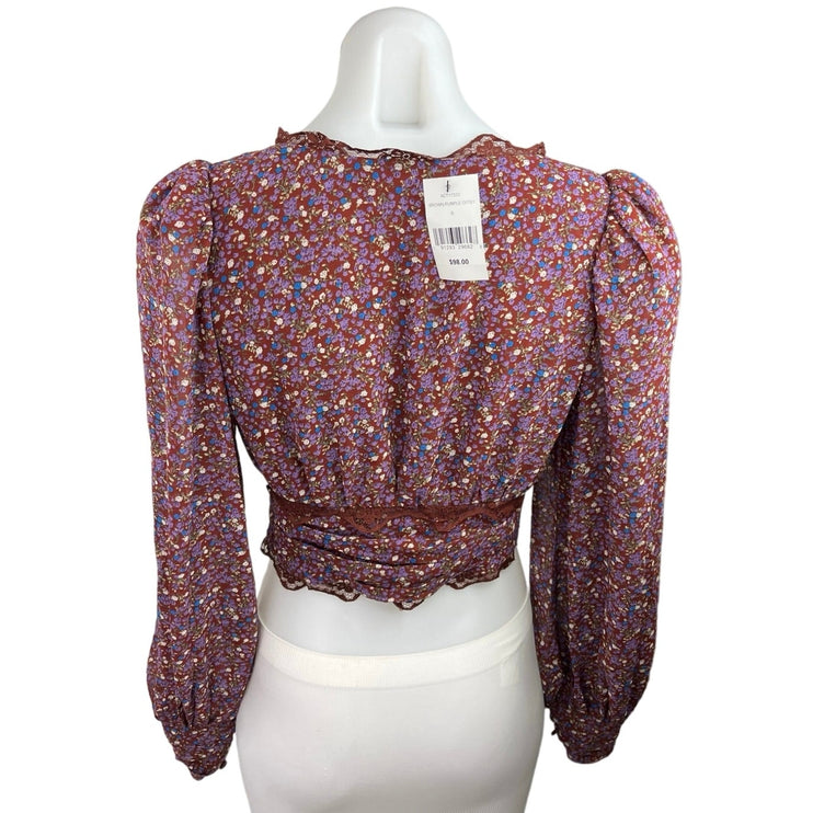 ASTR The Label NWT Zanna Brown Purple Ditsy Floral Lace Trim Long Sleeve Top S