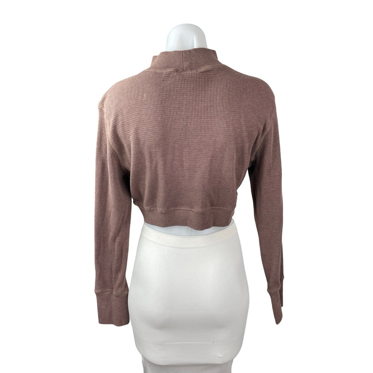 Mono B Brown Long Sleeve Mock Neck Waffle Knit Thermal Cropped Sweatshirt Top L