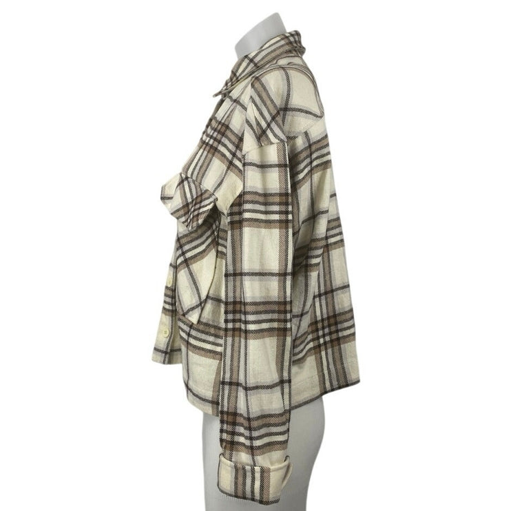 Zara Plaid Check Collared Long Sleeve Crop Button Up Shirt Coat Jacket Top Sz S