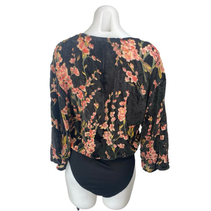 Honey Belle Multicolor Velvet Velour Floral Faux Wrap Long Sleeve Blouse Top M