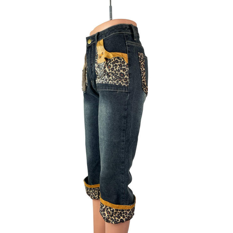 Romwe Leopard Faux Fur Patchwork Mid Rise Vintage Capri Denim Jeans Pants Size S