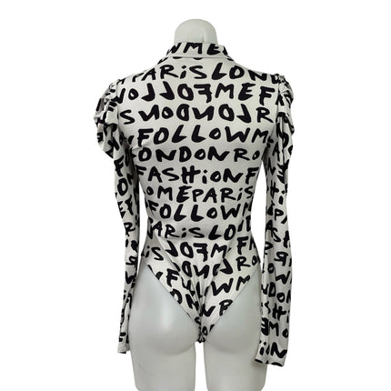 Fashion Nova White Black Graffiti Mock Neck Long Sleeve Bodysuit Top Size M