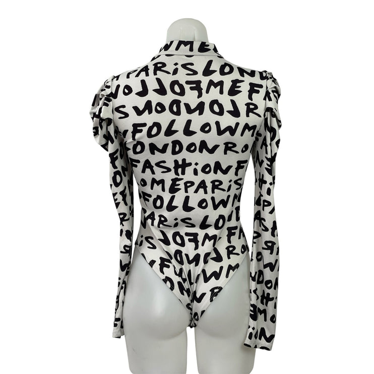 Fashion Nova White Black Graffiti Mock Neck Long Sleeve Bodysuit Top Size M