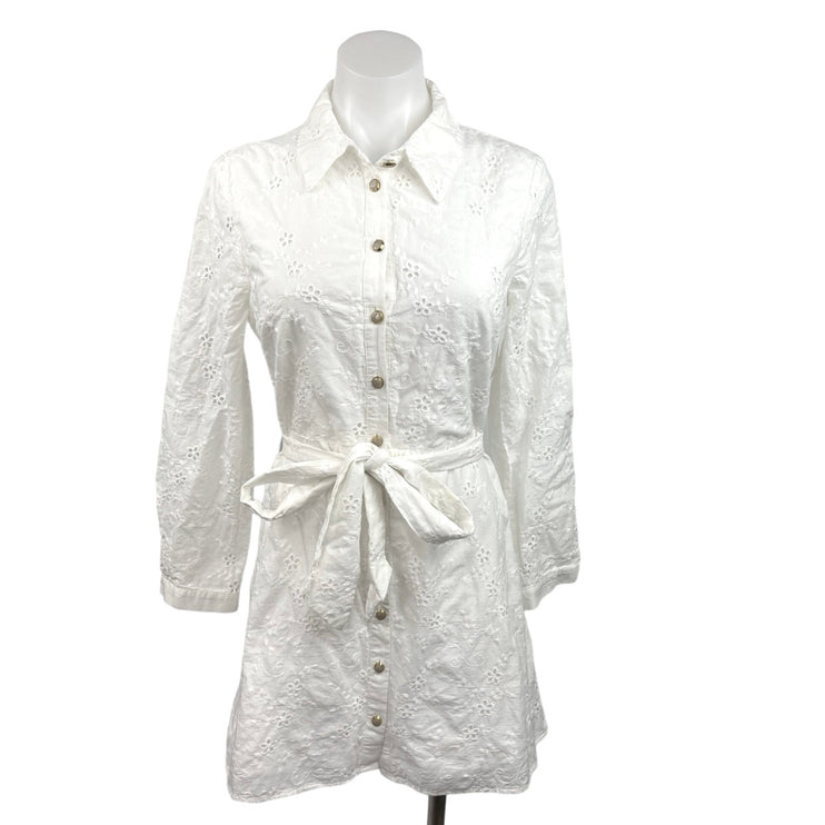 Zara White Collared Floral Embroidered Long Sleeve Mini Shirt Dress Size M