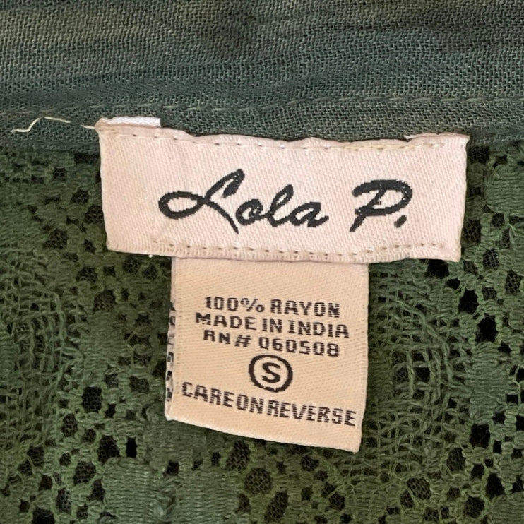 Lola P Women's Green Long Sleeve Embroidered Lace Button Down Shirt Top Size S