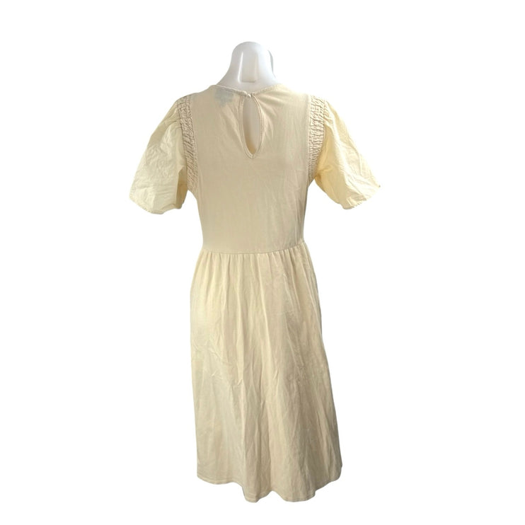 Who What Wear Women's Cream Smocked Puff Sleeve Summer Midi Flare A-Line Dress S