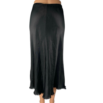 Pharaoh Riley Black Silky Satin Fringe Elastic Waist Pull On Midi A-Line Skirt 1
